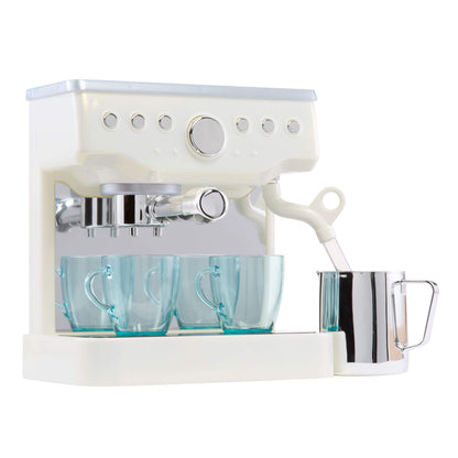 White espresso machine with blue cups and a milk container on a white background
