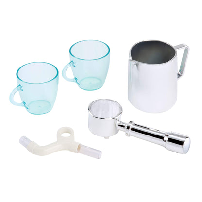 Set of mugs and a milk frother on a white background