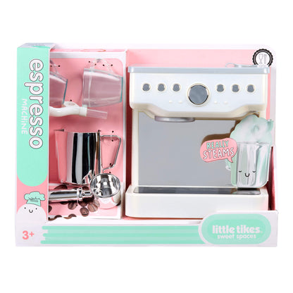 Toy espresso machine set in packaging with 'espresso' branding and 'little likes' label.