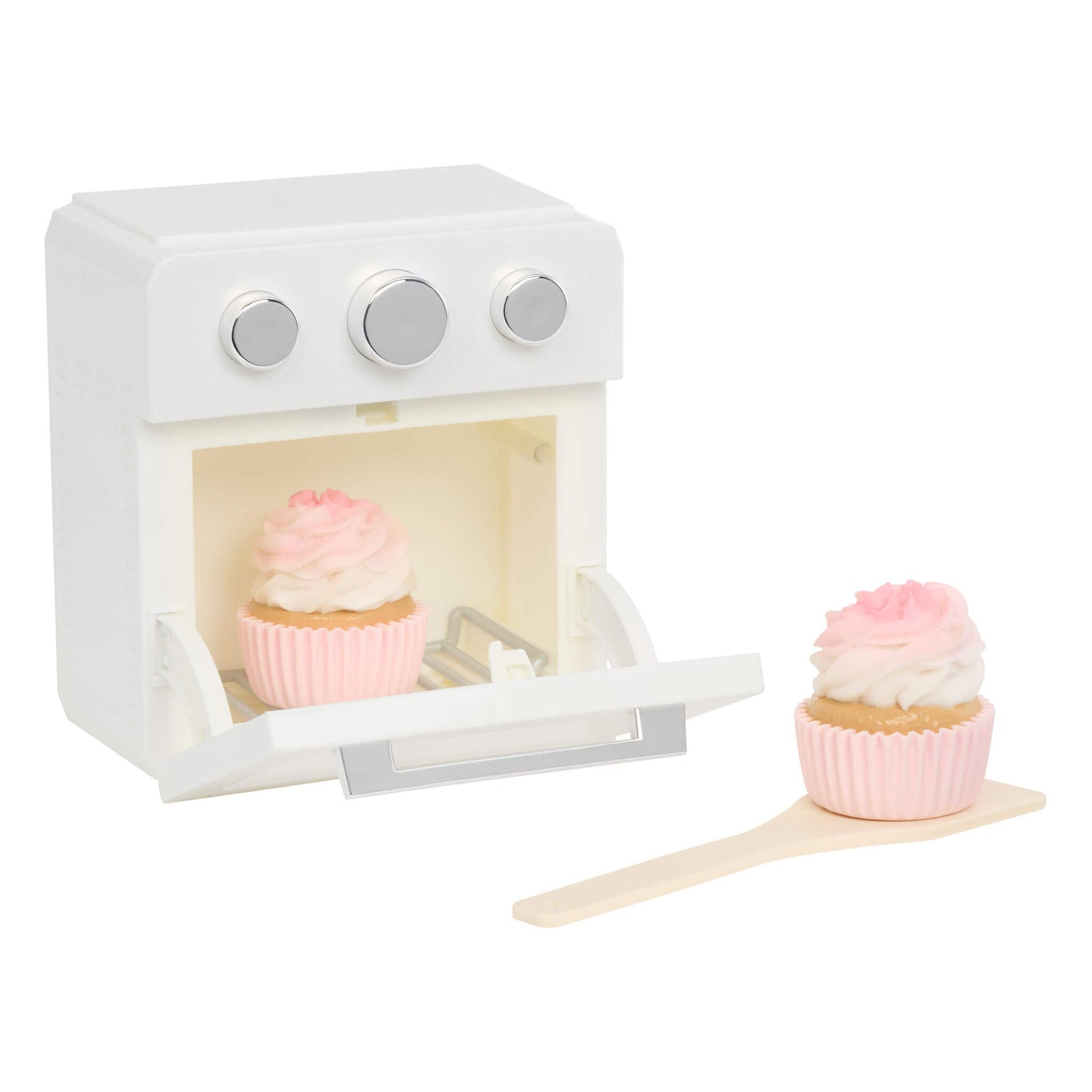 Oven door open with a cupcake inside on a white background
