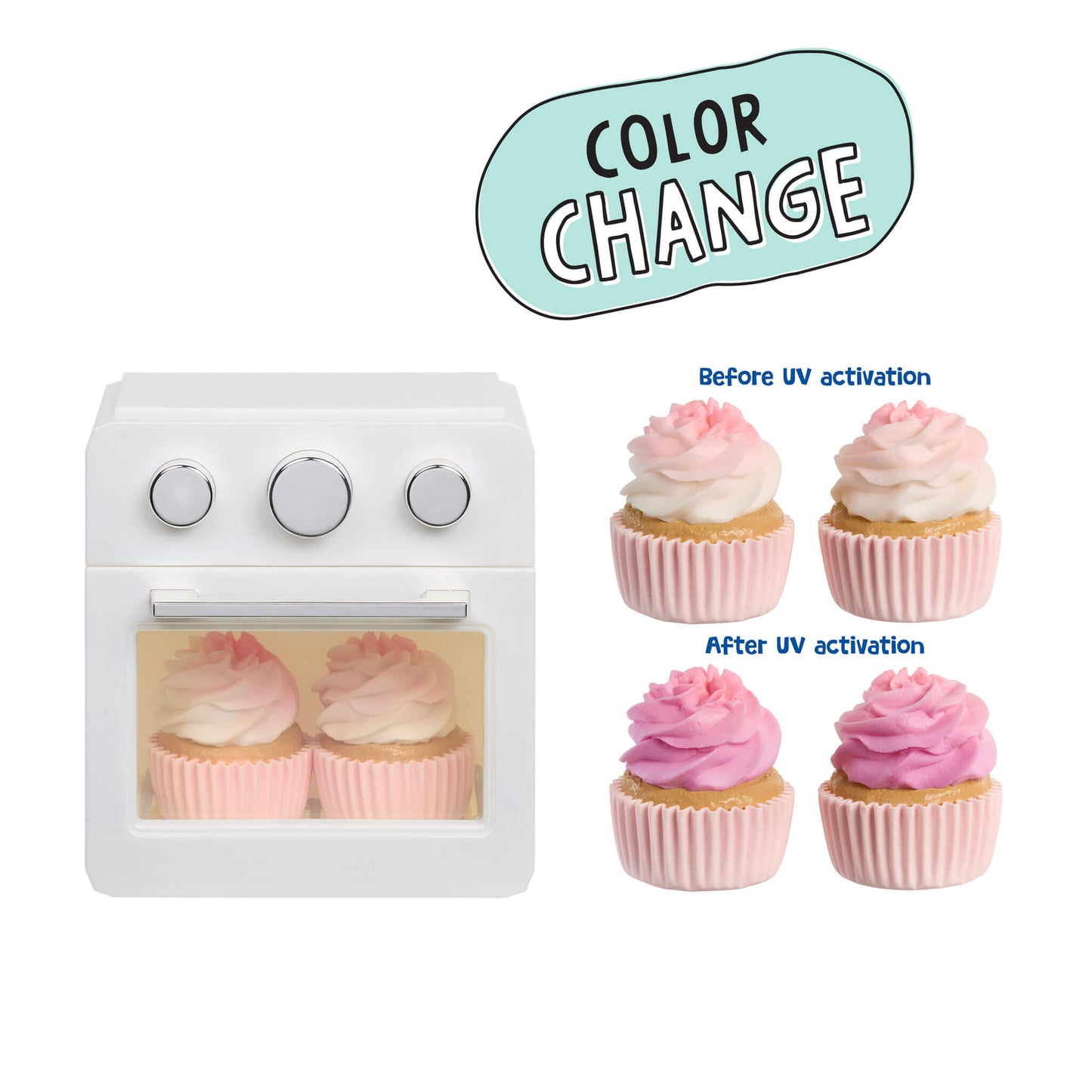 A white toy oven toy with a clear window showing two pink-and-white cupcakes inside, alongside a 'COLOR CHANGE' graphic and before/after cupcake examples demonstrating a UV-light color-changing feature.