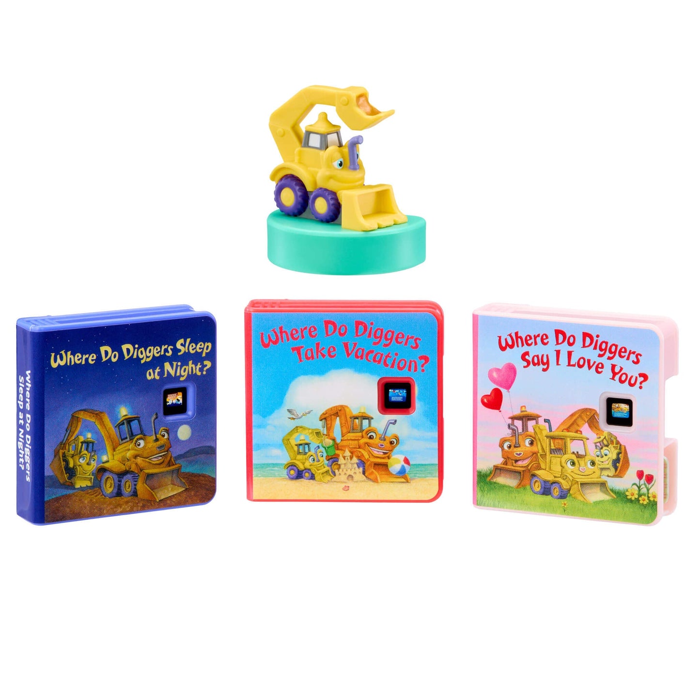 Set of three children's books with a toy bulldozer on top, featuring different scenes and text.