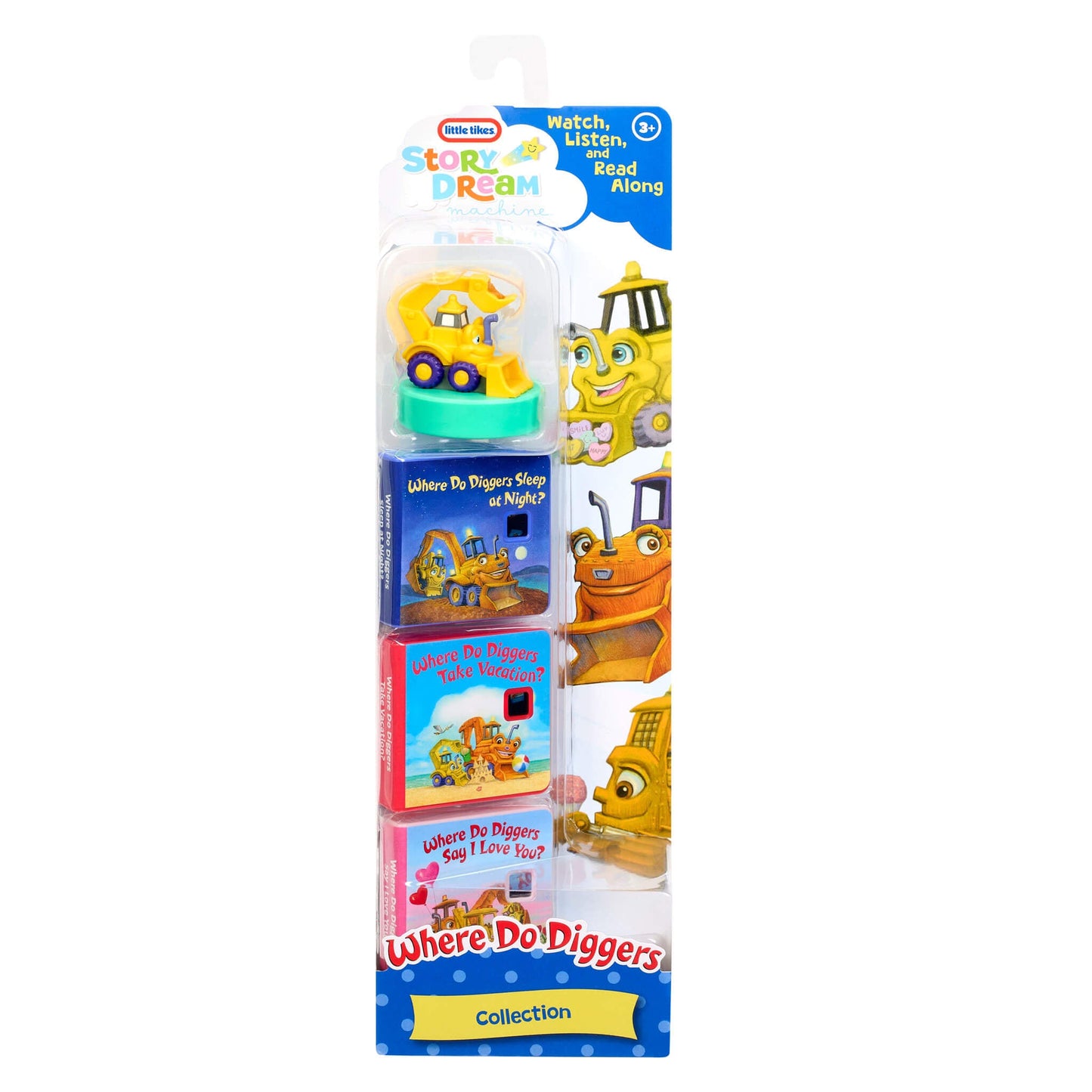 Packaged children's book set with construction vehicle theme on a white background