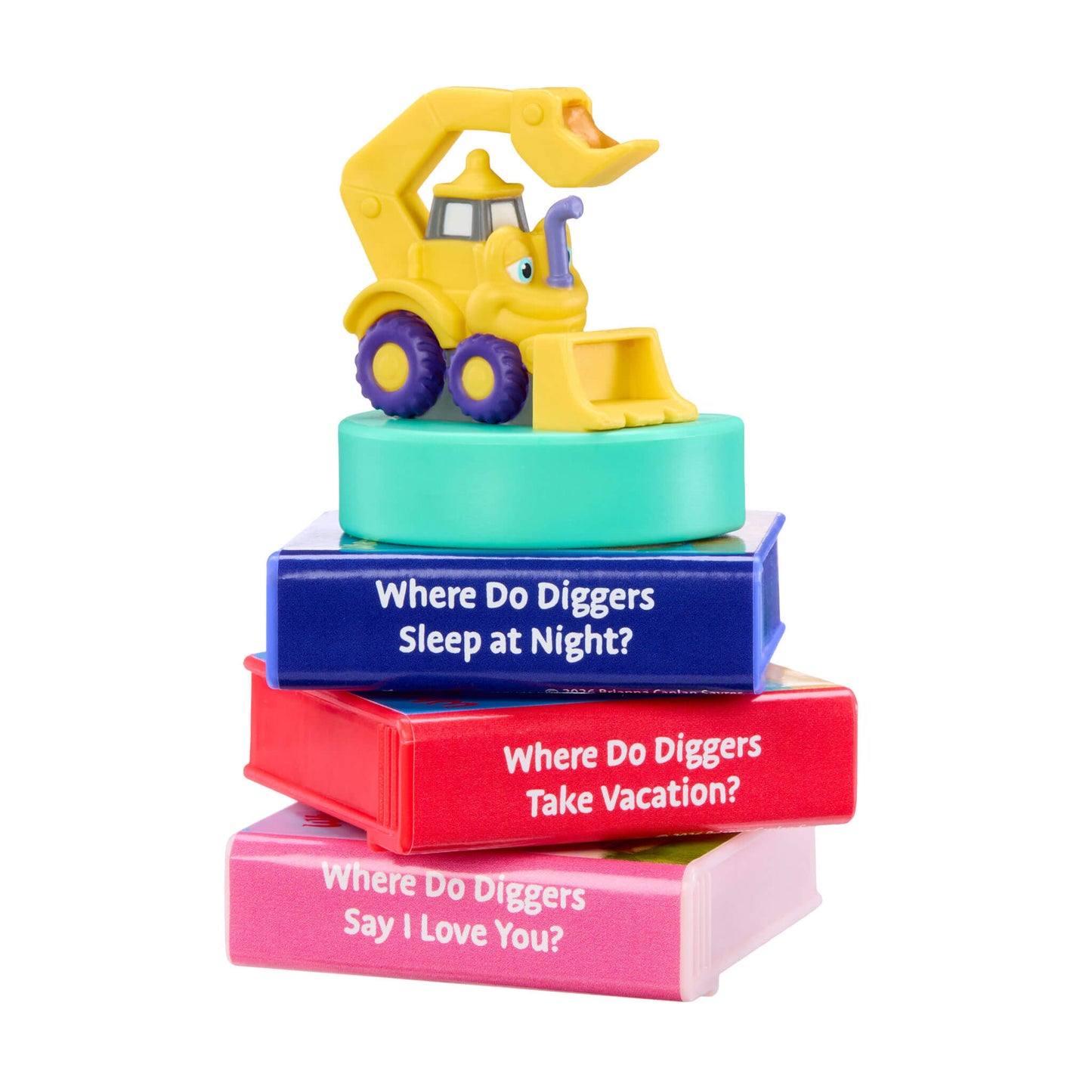 Stack of children's books with a toy digger on top against a white background