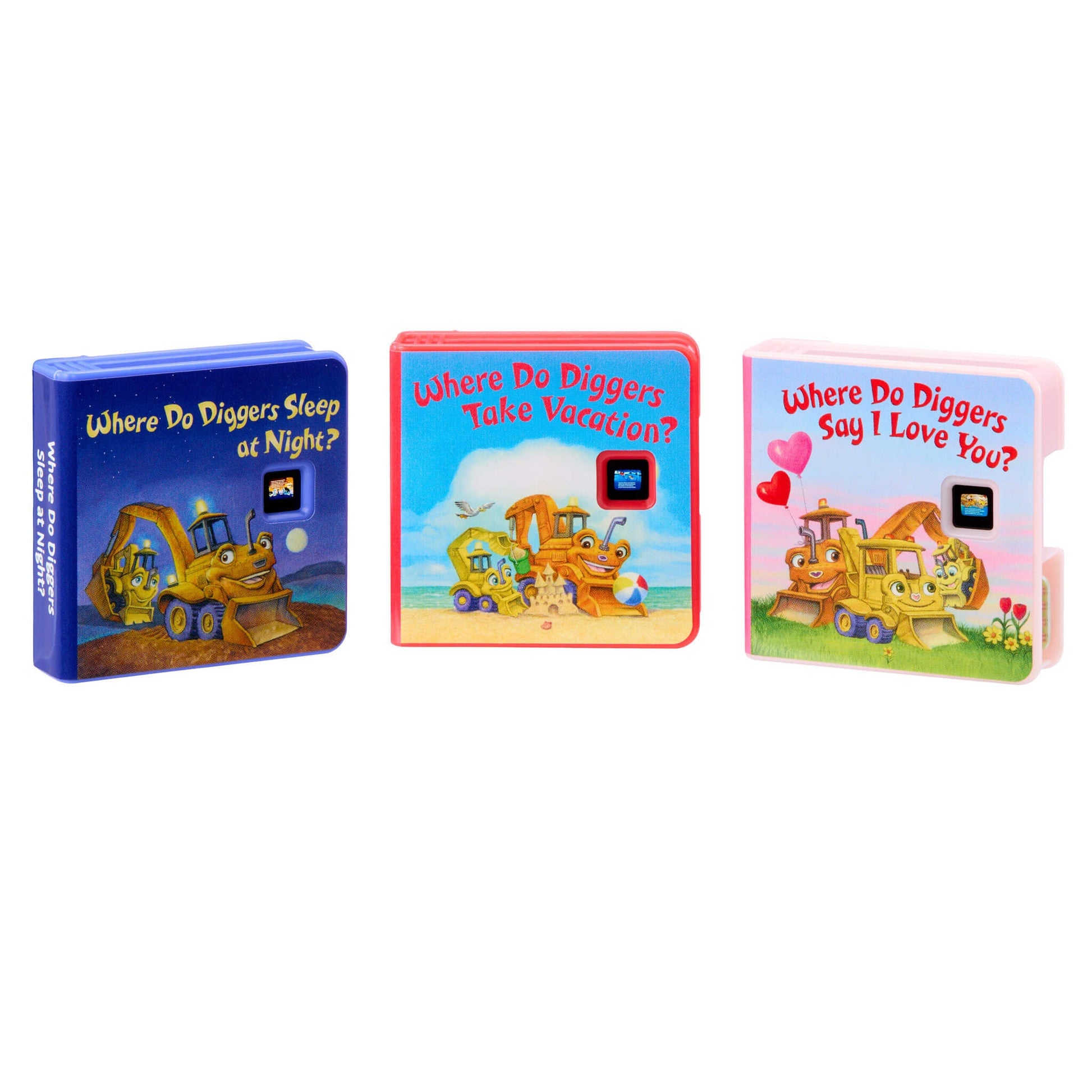 Three children's books about diggers on a white background