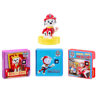 Toy Marshall figure with three colorful packaging boxes on a white background