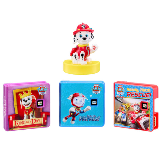 Toy Marshall figure with three colorful packaging boxes on a white background