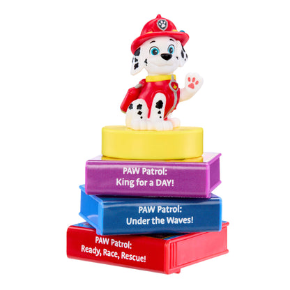 Paw Patrol toy figure on top of colorful books with text on a white background