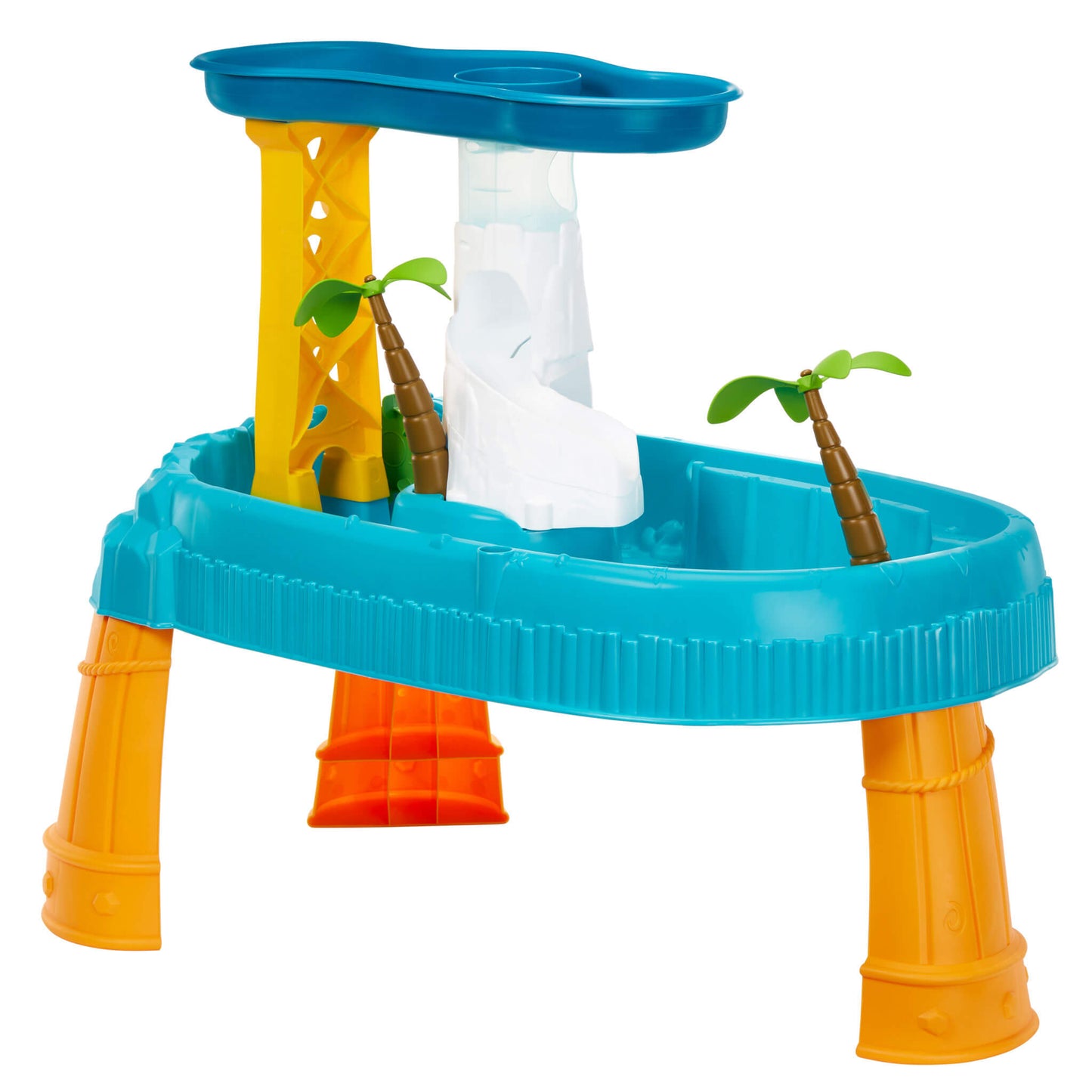 Colorful toy water park with blue and orange structures on a white background