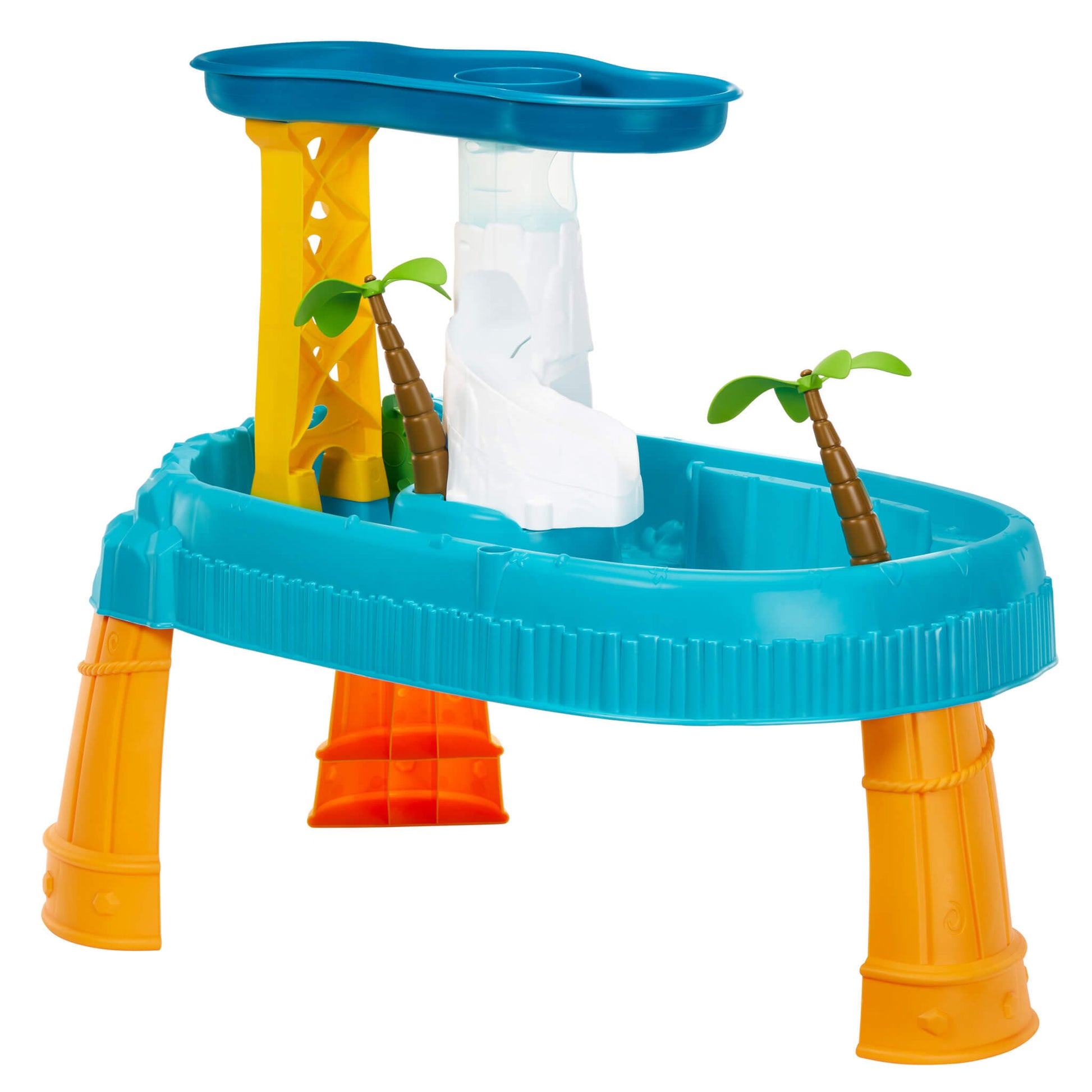 Colorful toy water park with blue and orange structures on a white background
