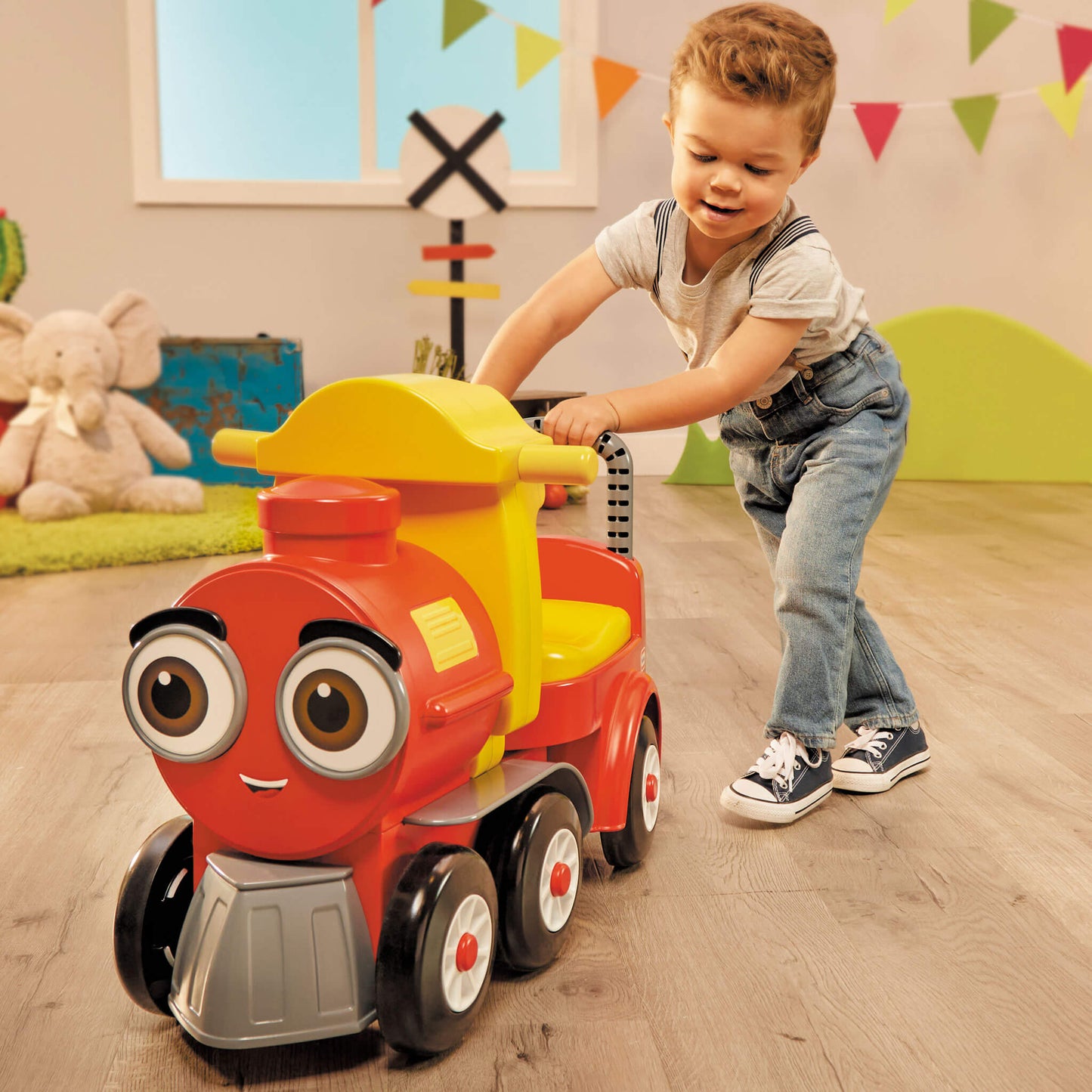 Boy pushing the train