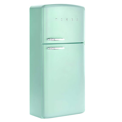 Mint green refrigerator with 'Tikes' branding on a white background