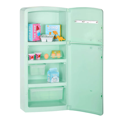 Pastel green toy refrigerator with open doors displaying various items on a white background