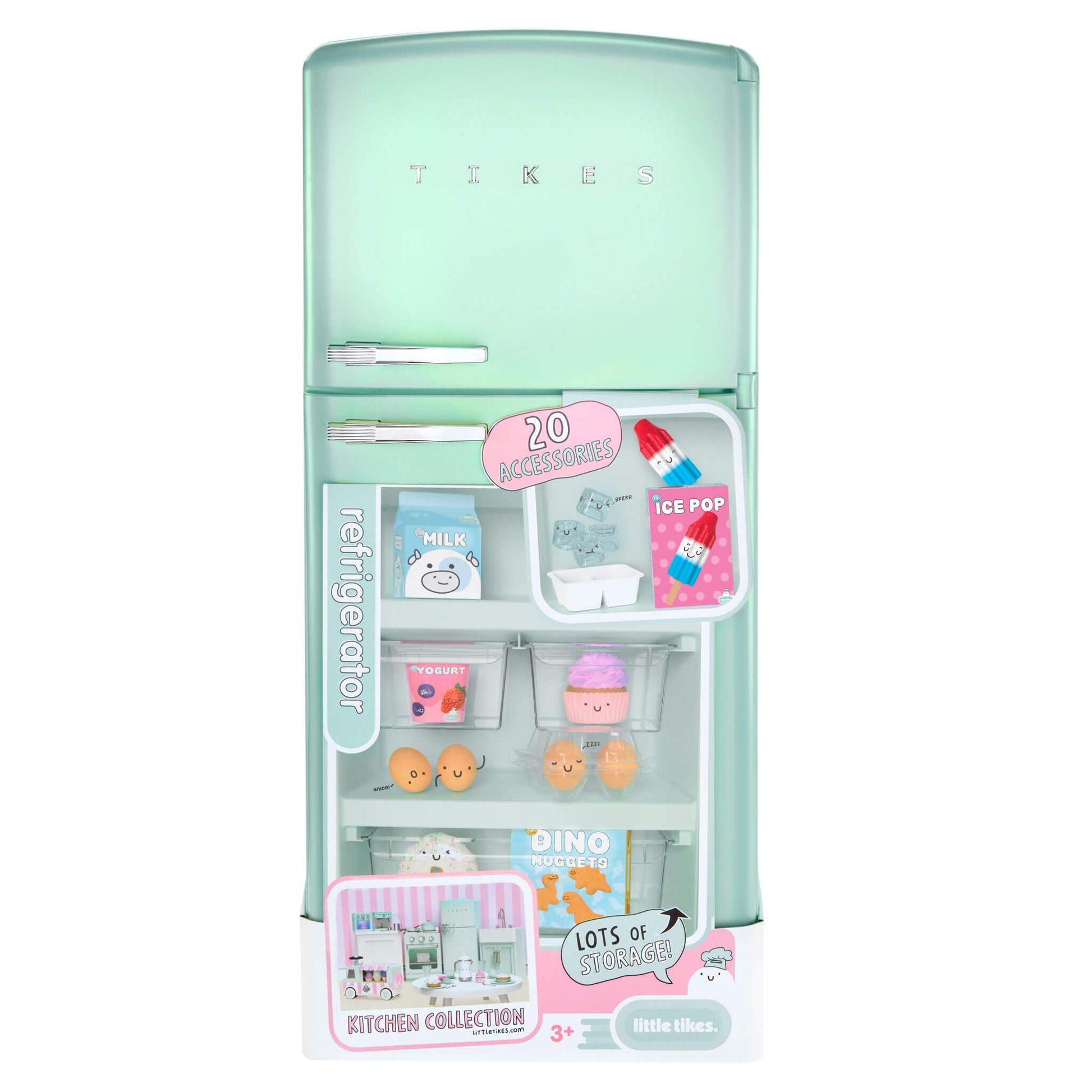 Toy refrigerator with toy food items on a white background