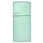 A retro-style two-door refrigerator in a pastel mint green color, featuring chrome handles and the 'TIKES' brand name on the upper door, set against a plain white background.