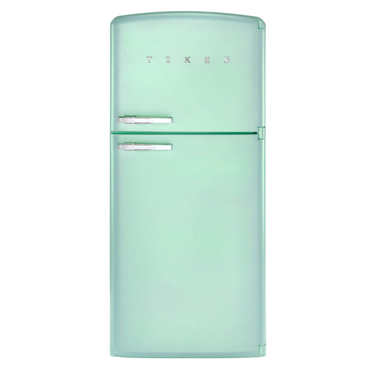 A retro-style two-door refrigerator in a pastel mint green color, featuring chrome handles and the 'TIKES' brand name on the upper door, set against a plain white background.