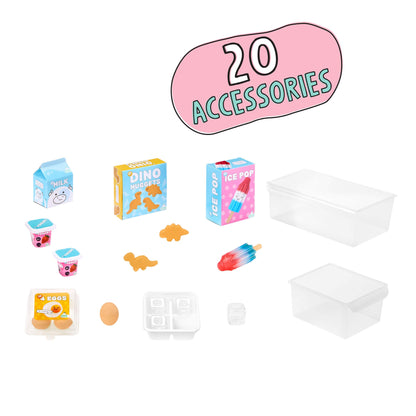 A set of miniature toy food and storage accessories displayed on a white background, with a pink graphic bubble at the top reading '20 ACCESSORIES'. The set includes clear plastic storage bins, toy milk cartons, a dinosaur nuggets, an ice pop box, cups, eggs, and small food pieces.