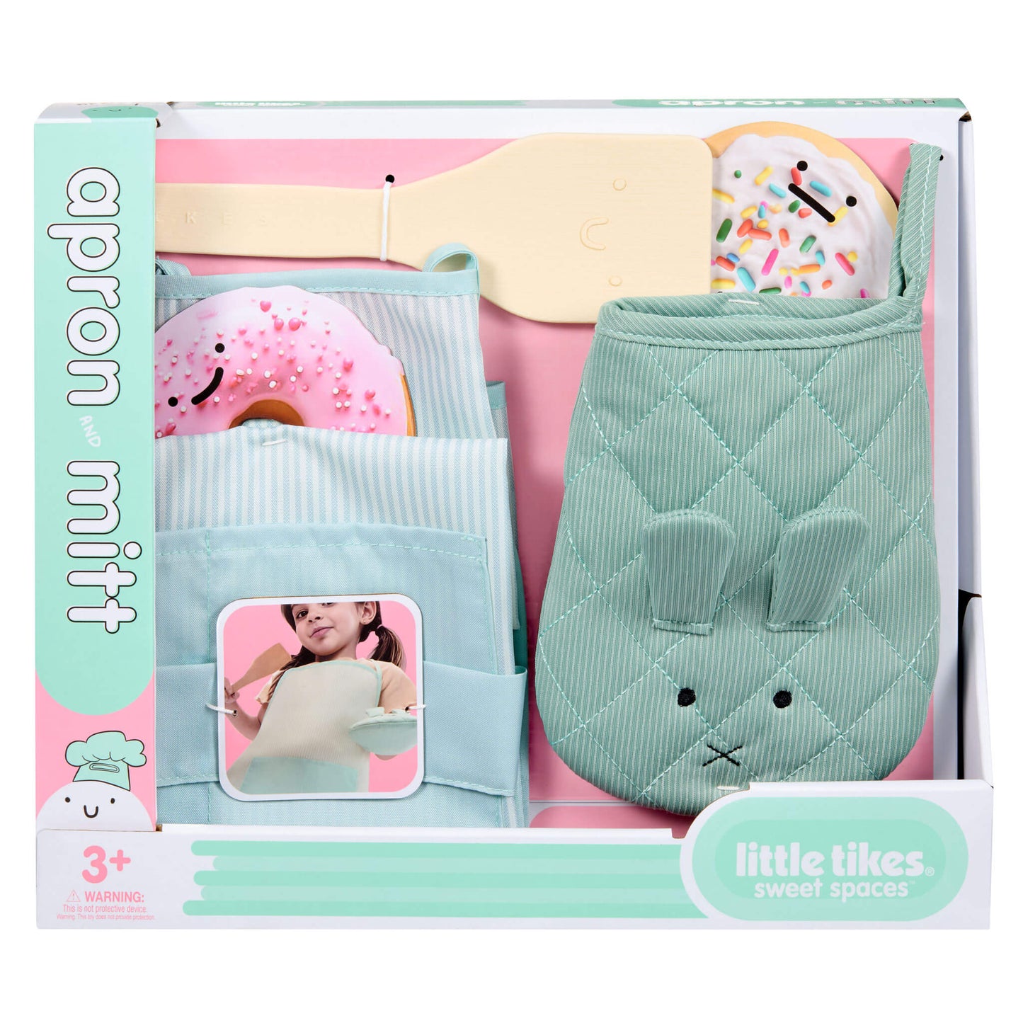 Box of apron and mitt set with cartoon donut design, featuring 'Little Tikes' branding.