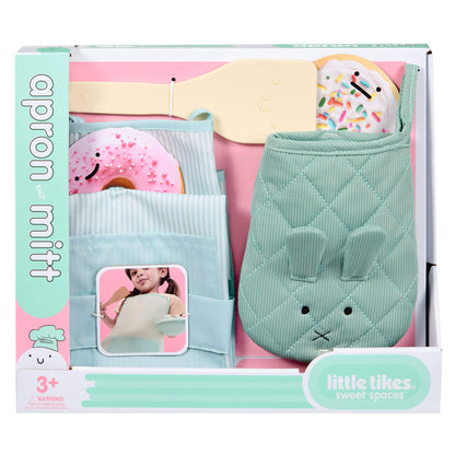 Box of apron and mitt set with cartoon donut design, featuring 'Little Tikes' branding.