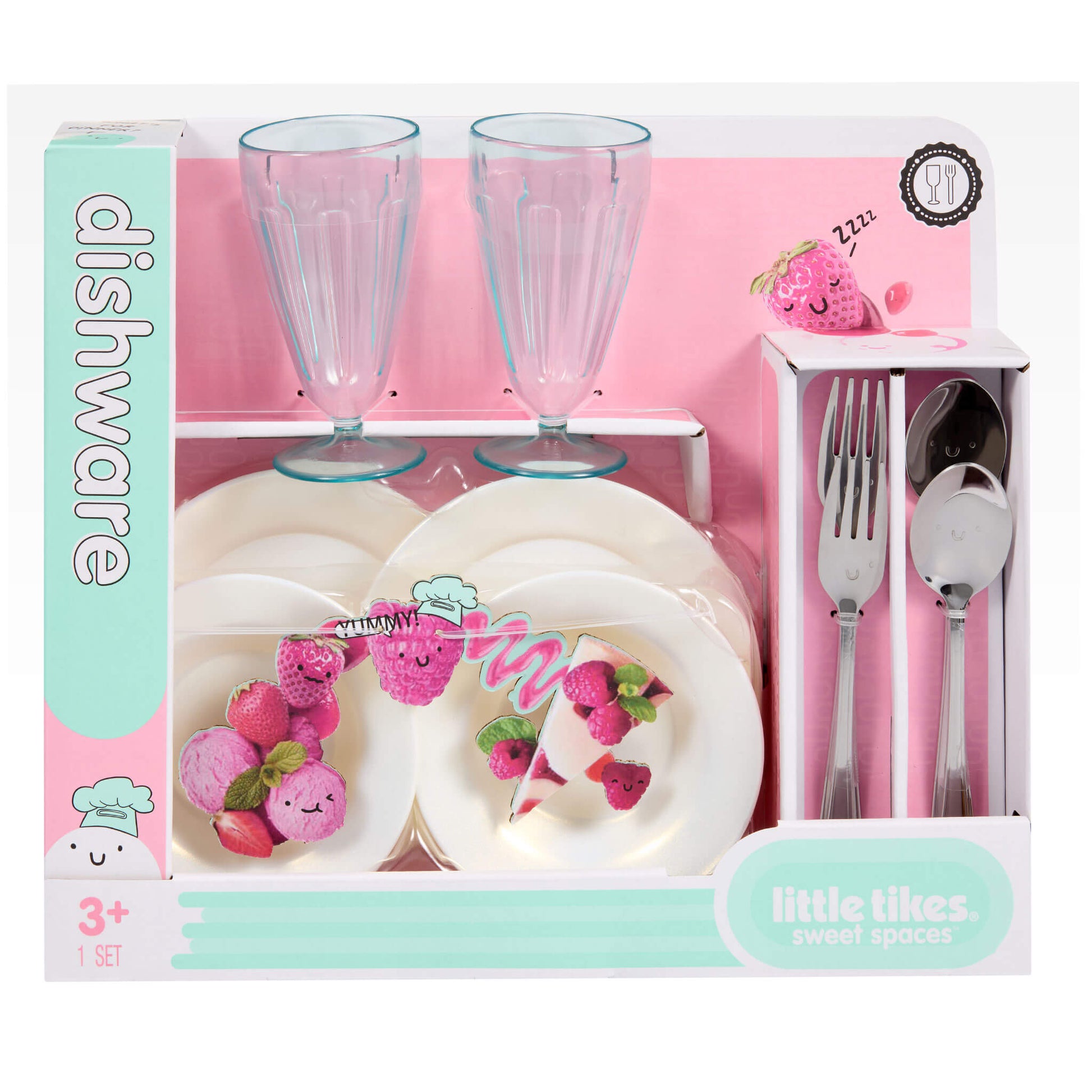Children's dinnerware set packaging with plates, cups, and cutlery on a pink background.