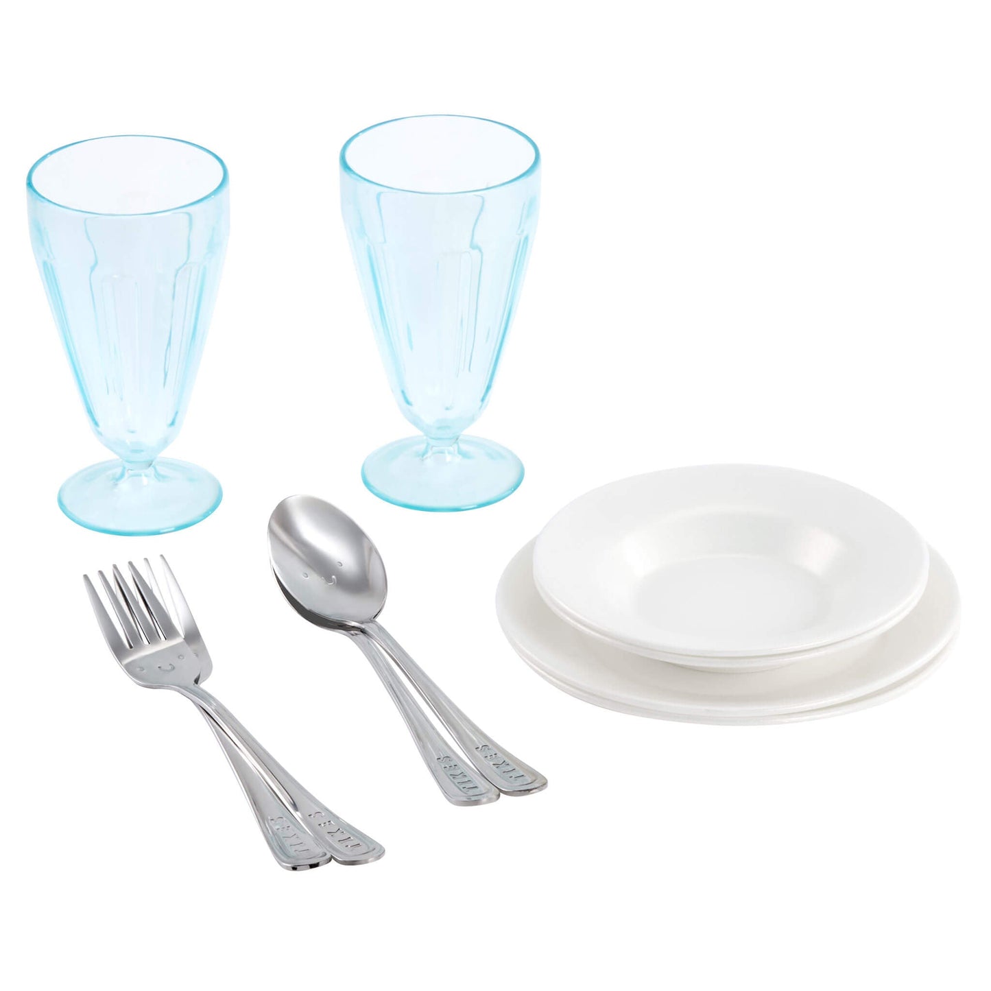 A toy tableware set featuring two light blue goblets, a stack of four white plates, and silver cutlery pieces (forks and spoons) on a solid white background.