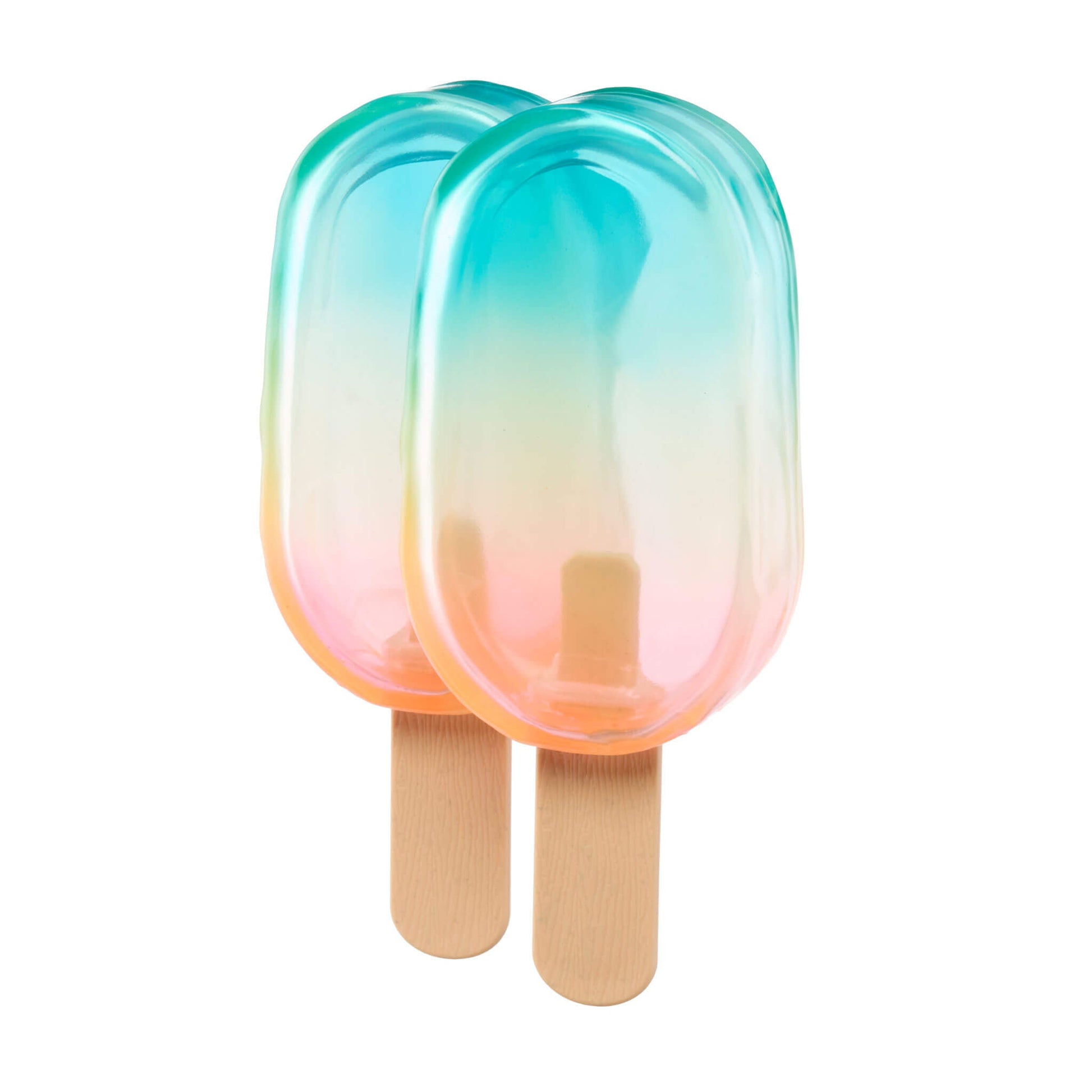 Two gradient ice cream popsicles with wooden sticks on a white background