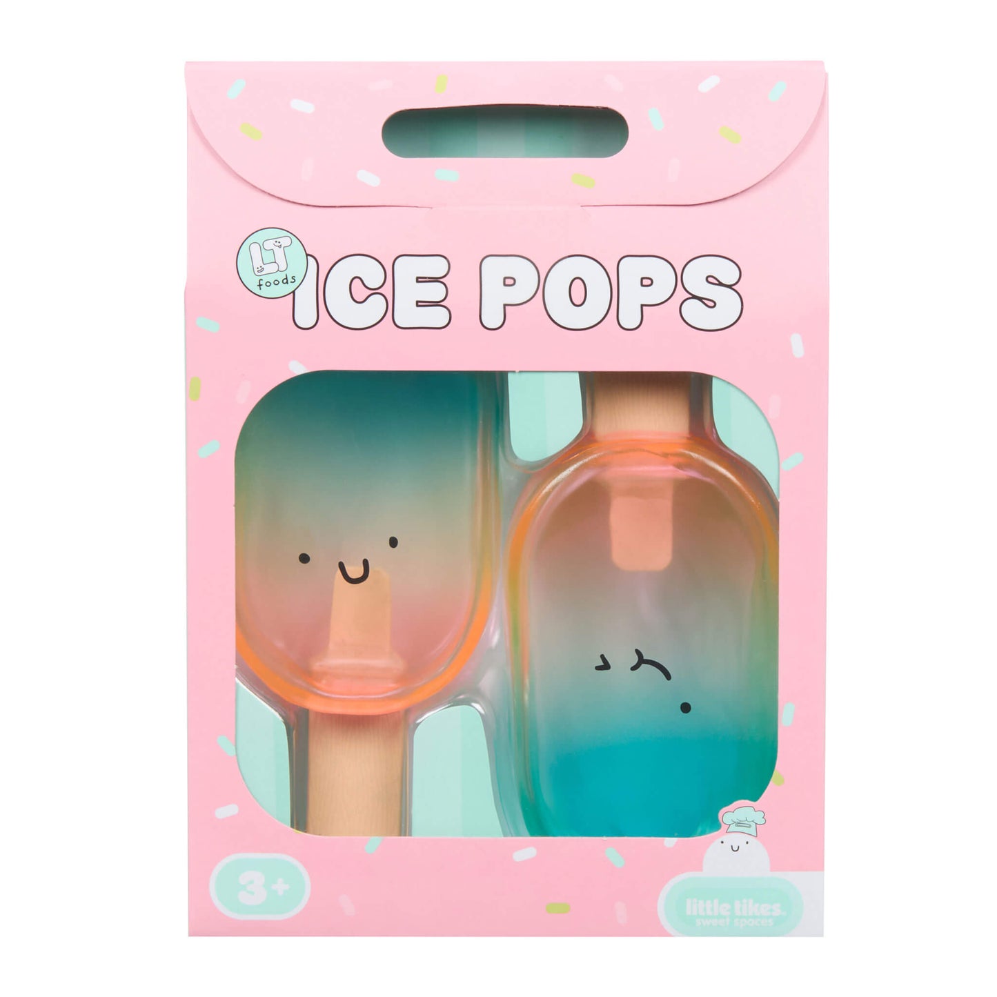 Packaged ice pop sticks with pink box labeled 'ICE POPS' on a white background