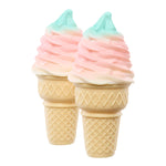 Two ice cream cones with pink and blue ice cream on a white background