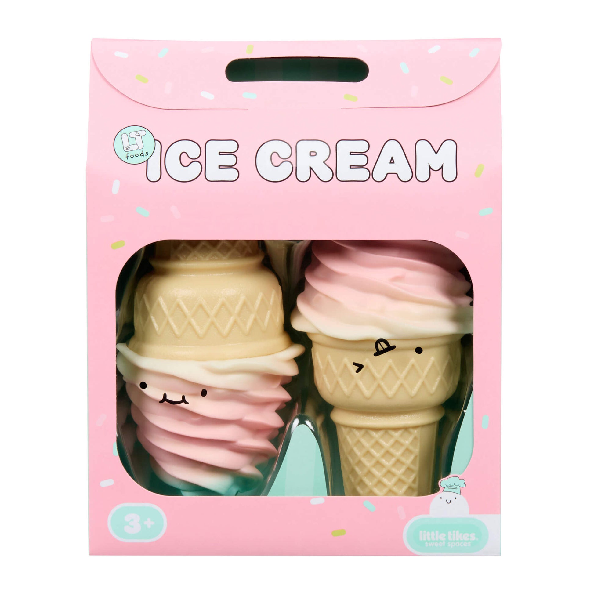 Pink packaging of ice cream-shaped toys with a visible brand logo.