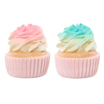 Two cupcakes with pastel-colored frosting on a white background