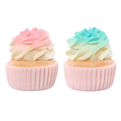 Two cupcakes with pastel-colored frosting on a white background