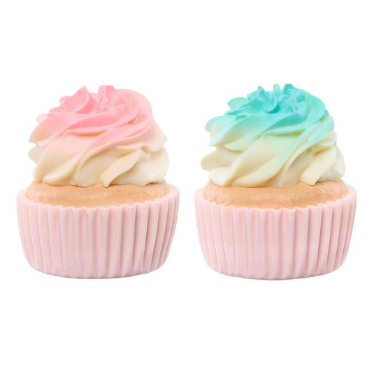 Two cupcakes with pastel-colored frosting on a white background