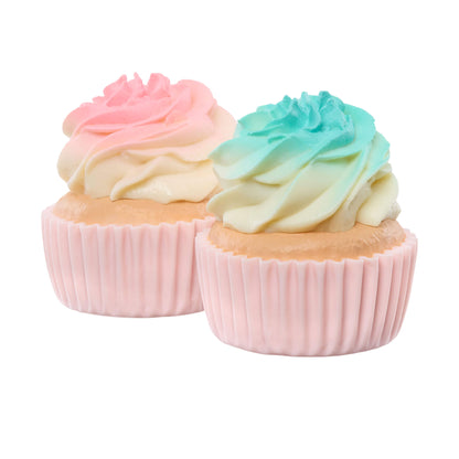 Two cupcakes with colorful frosting on a white background