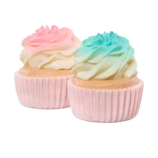 Two cupcakes with colorful frosting on a white background