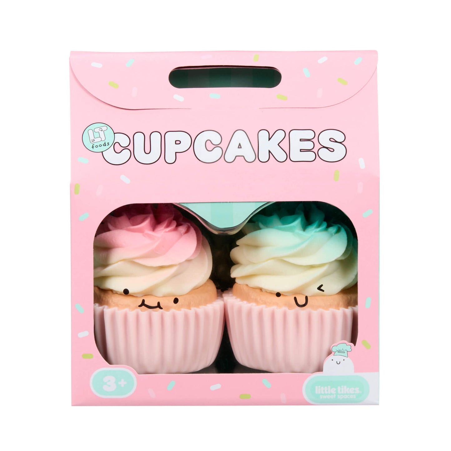 Packaged toy cupcakes with pink and blue frosting in a pink box.