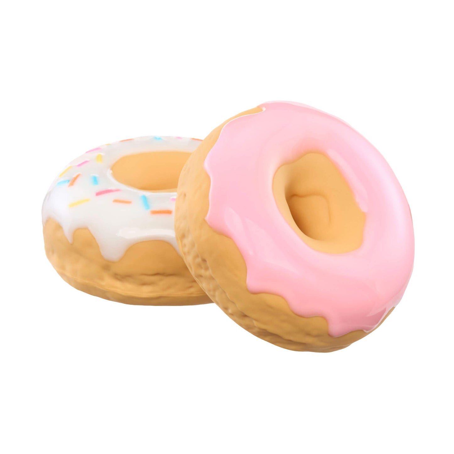 Two donut-shaped toys, one with pink icing and the other with white icing and sprinkles, on a white background.