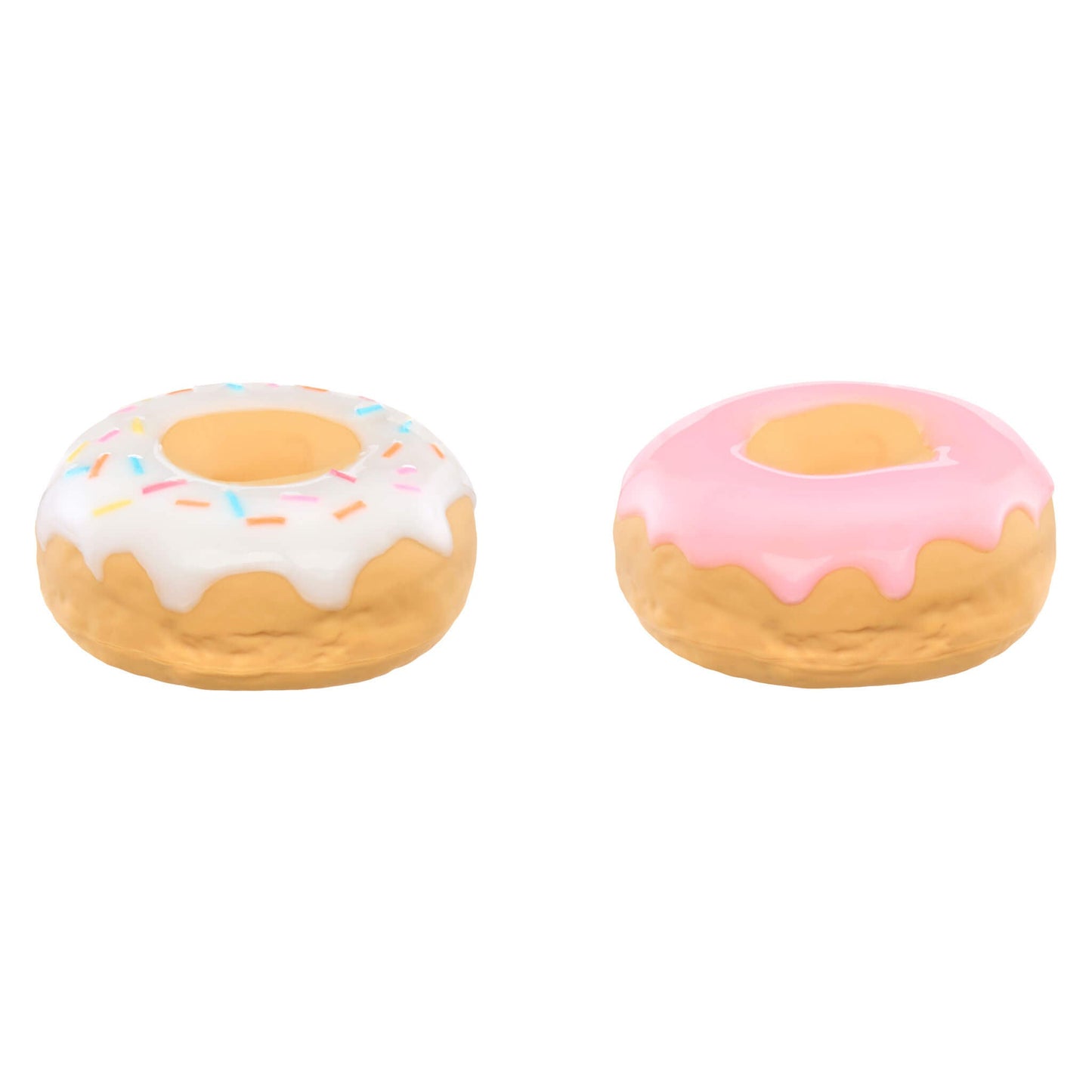 Two donut-shaped toys with different toppings on a white background