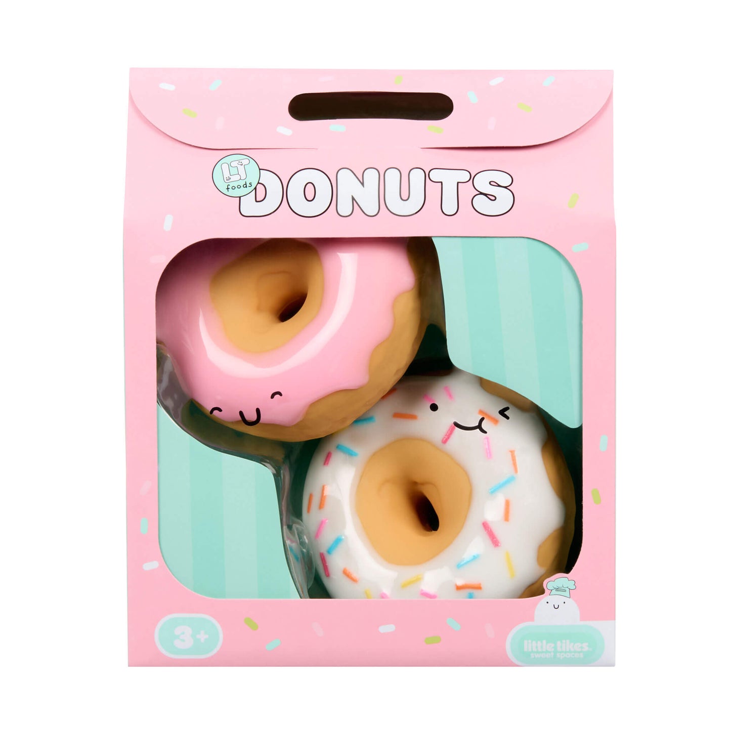 Two donut-shaped toys in a pink box with 'Donuts' branding.