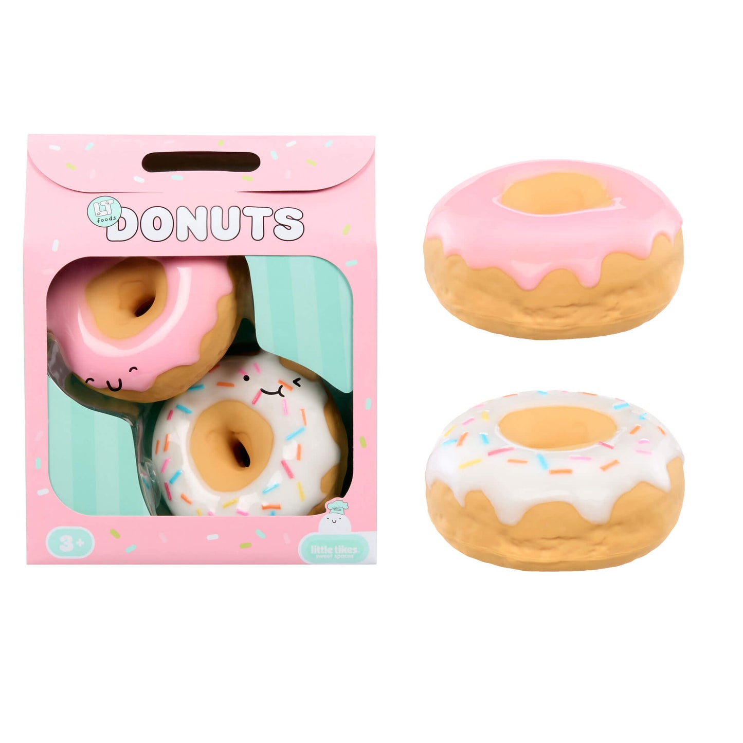 A pink retail box labeled DONUTS containing two donut toys, shown beside two loose donut toys on a plain white background.