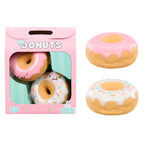 A pink retail box labeled DONUTS containing two donut toys, shown beside two loose donut toys on a plain white background.