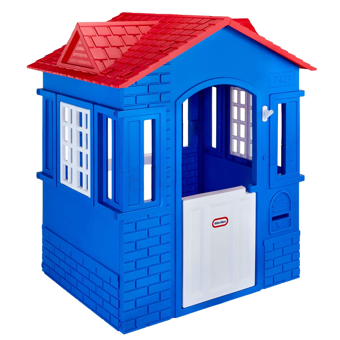 Blue playhouse with a red roof on a white background