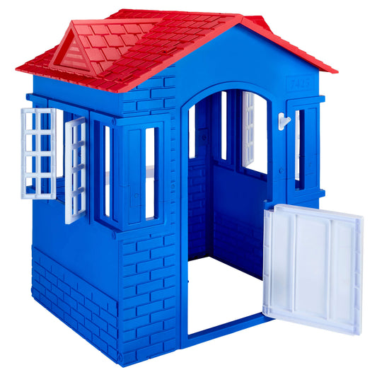 Blue toy house with a red roof with open door and open windows on a white background