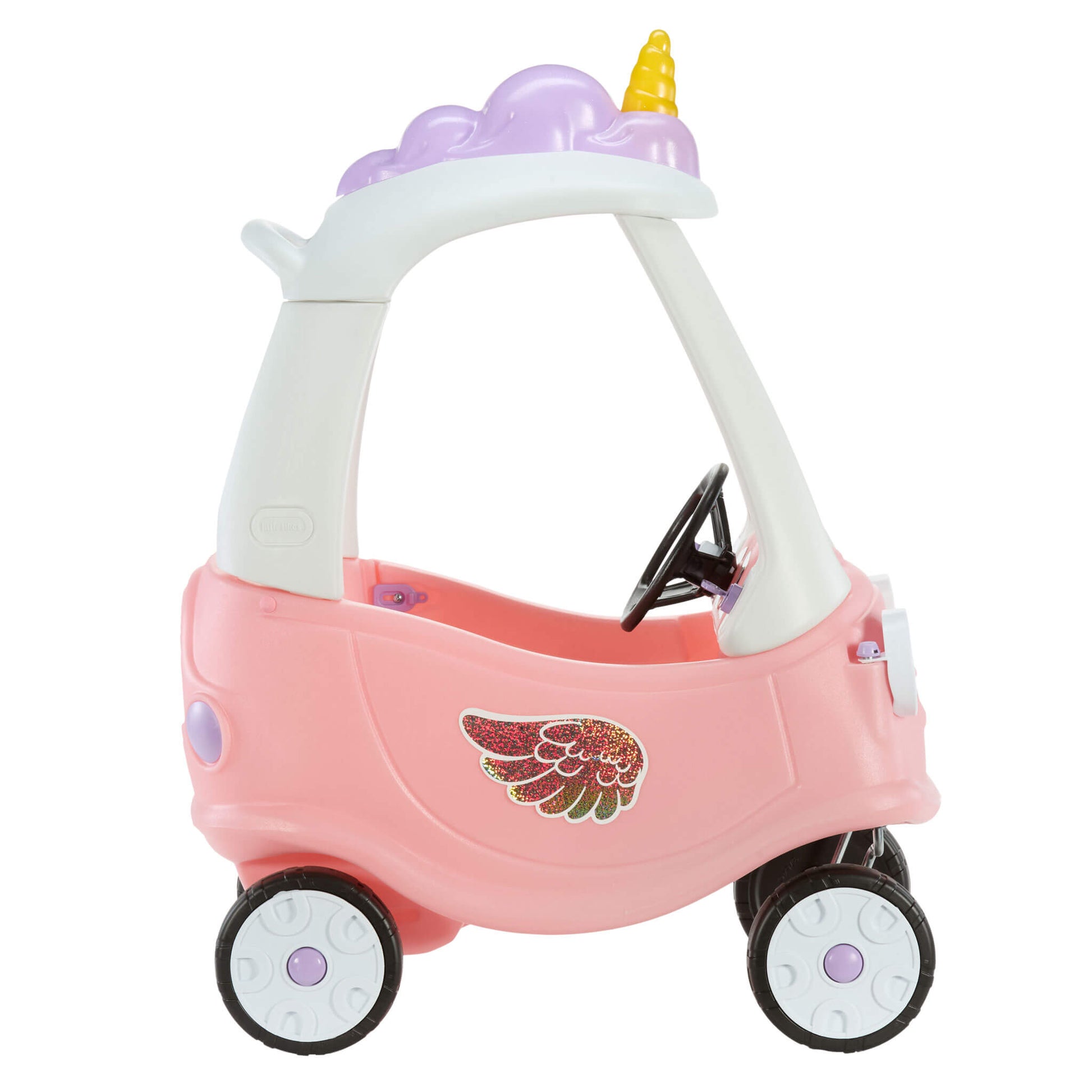 Pink and white toy Unicorn ride-on car with a unicorn horn and a purple mane detail on the roof, shown on a plain white background.