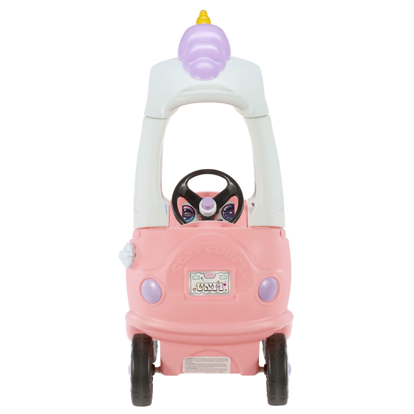 A pink and white toddler ride-on toy car with a horn, steering wheel, shown against a plain white background.