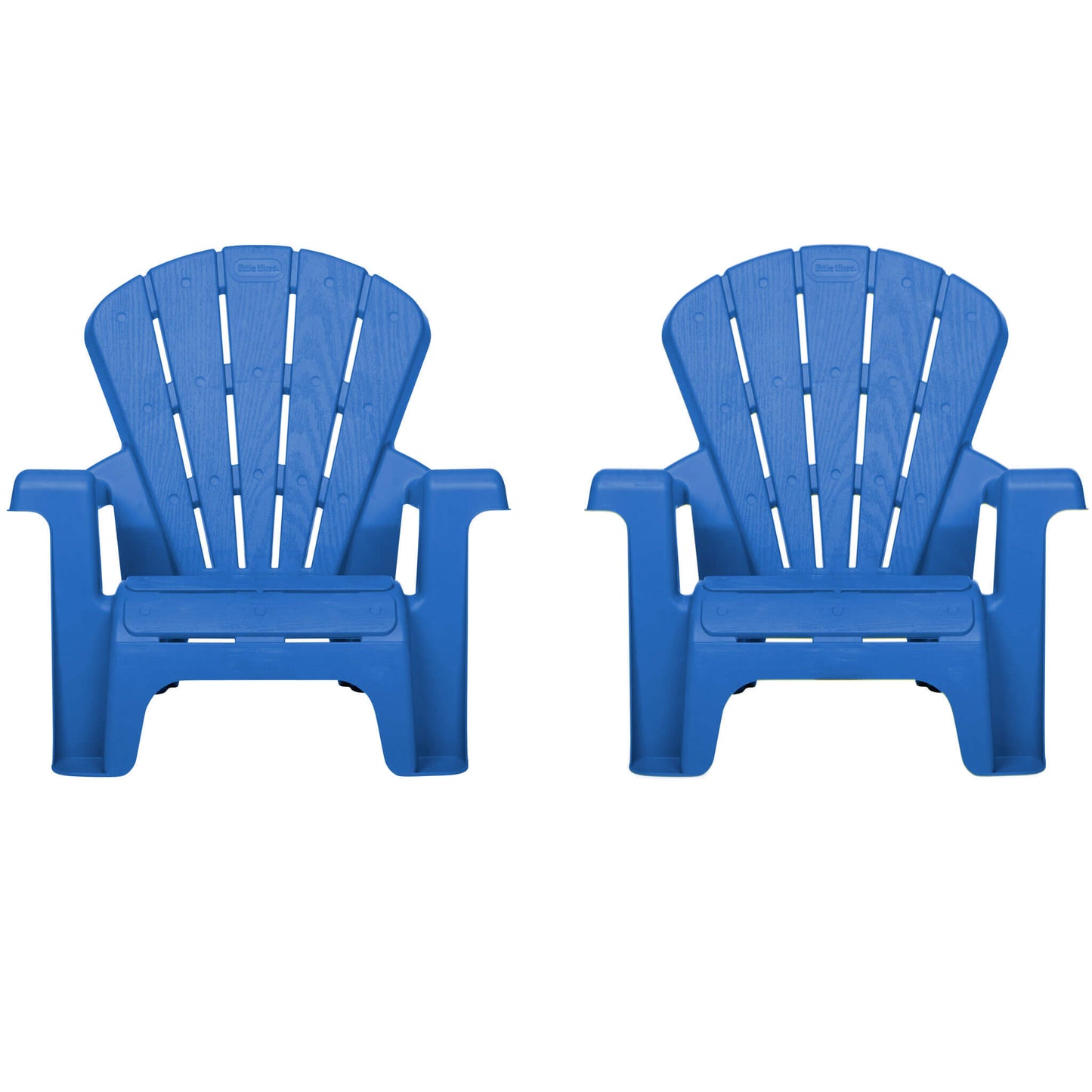 Two blue plastic Adirondack chairs on a white background