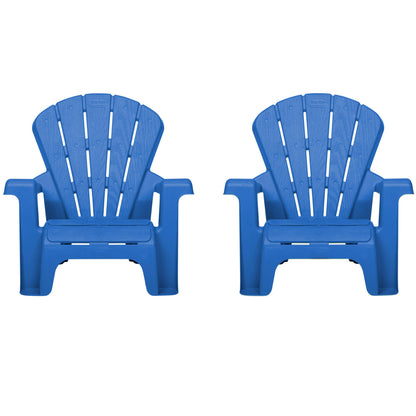 Two blue plastic Adirondack chairs on a white background