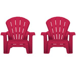 Two red Adirondack chairs on a white background