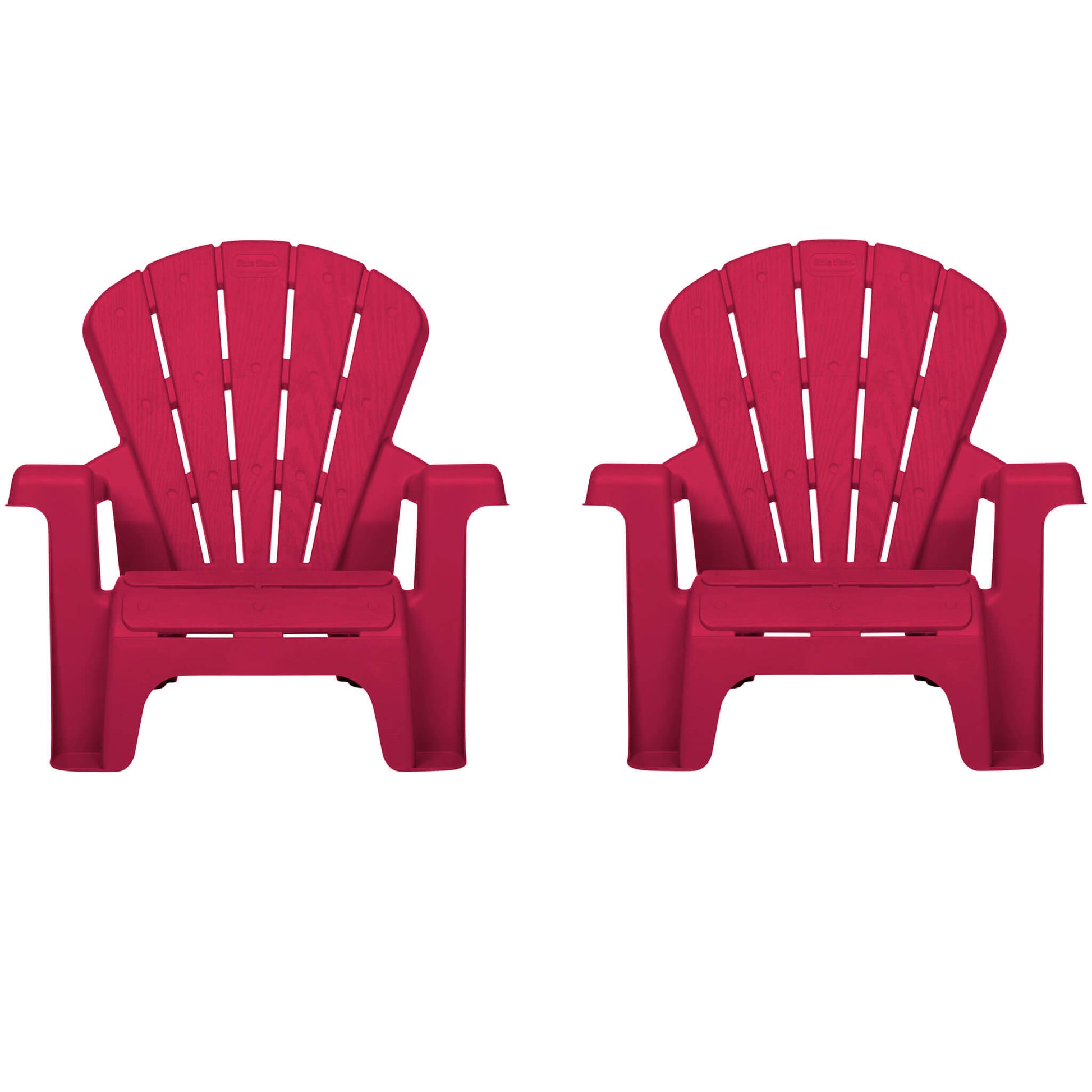 Two red Adirondack chairs on a white background