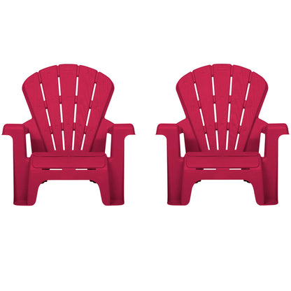 Two red Adirondack chairs on a white background