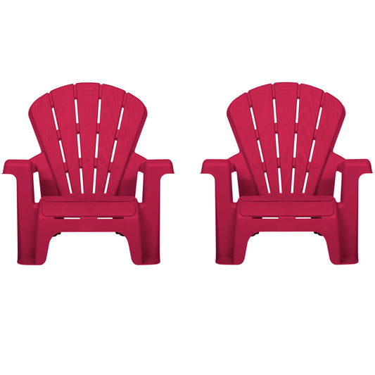 Two red Adirondack chairs on a white background